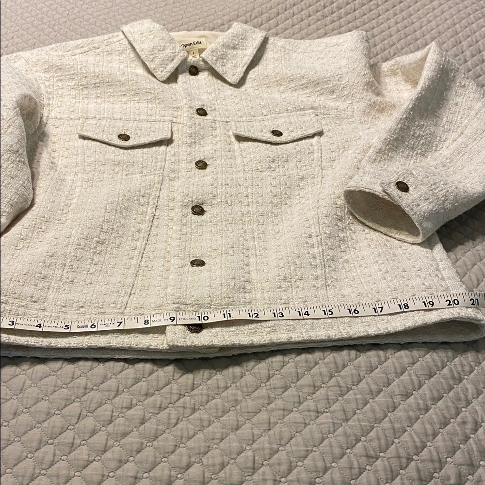 Open Edit Oversized Tweed Trucker Jacket Women's Medium Ivory Button Front NEW